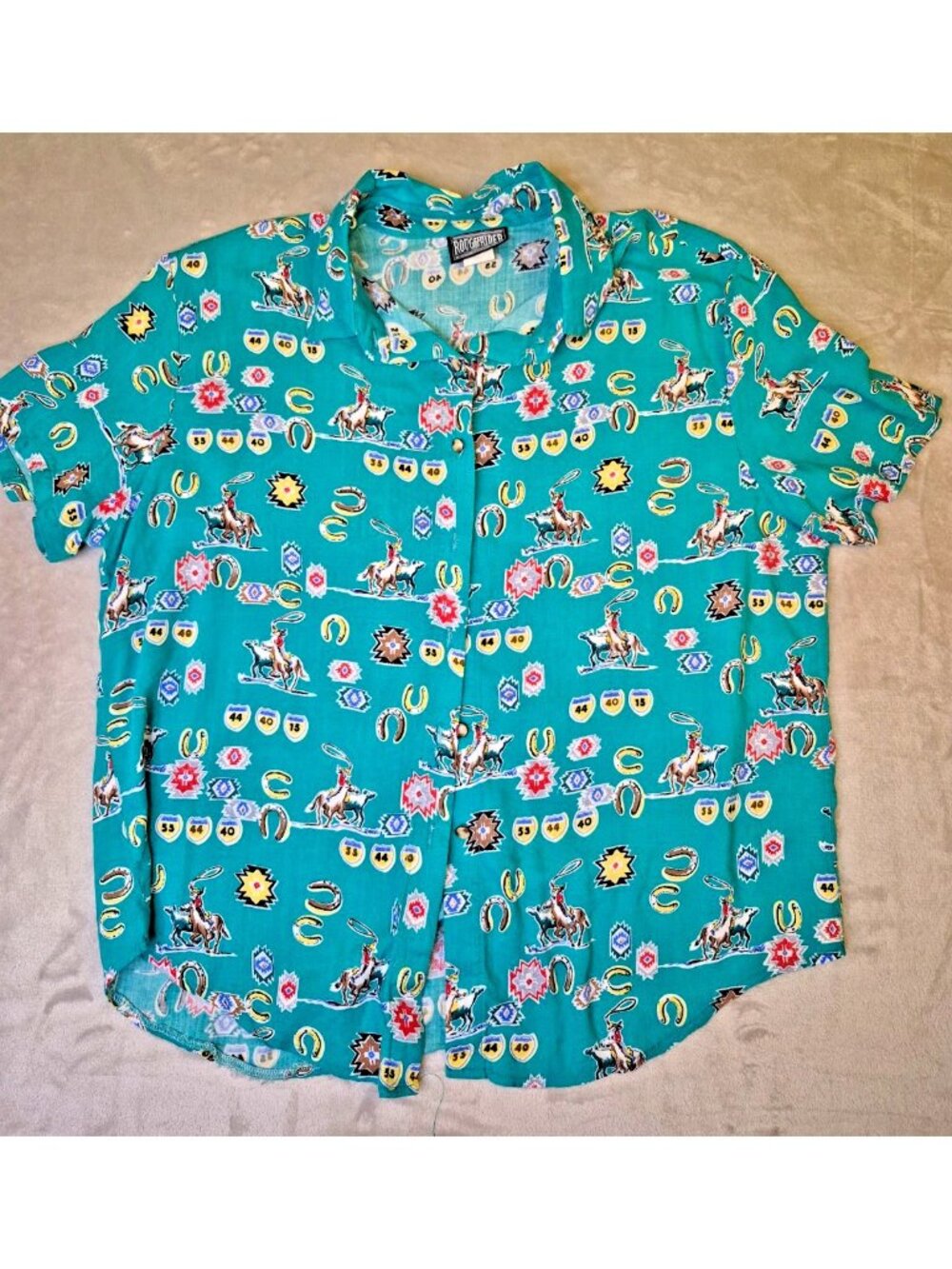 VTG Rough Rider Western Shirt Pearl Buttons Men’s XL Made USA Rayon Rodeo Print